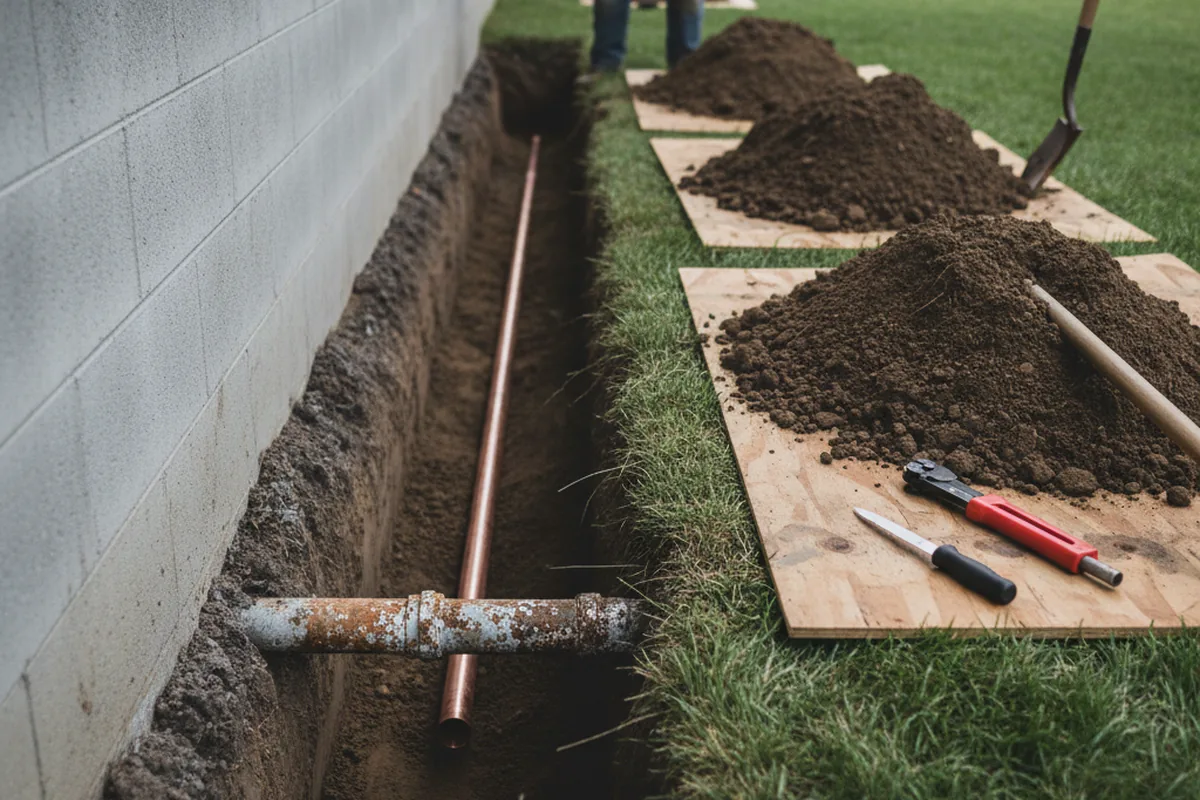 Excavated water line trench during Water Softener Installation in Maury City